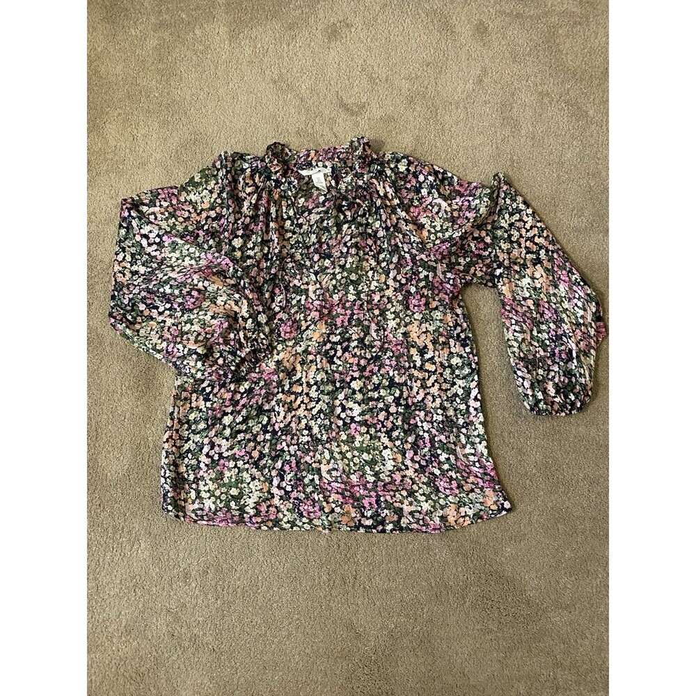 H&M Floral Long-Sleeve Frill-Trimmed Flowy Sheer Blouse Lightweight Boho Size S